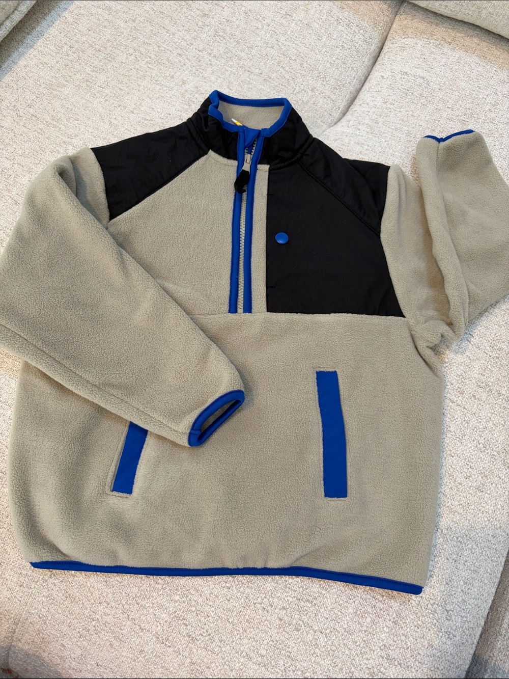 NWOT:Boy’s Fleece Pullover 3/4 Zip Fleece in Beige with Black Yoke and Blue Trim